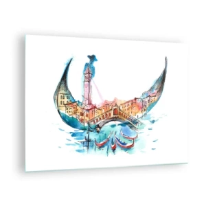 Üveg kép - Velence akvarell panorámája maszk formájában - 70x50cm - A városon keresztül hajózunk - Modern fali dekoráció nappalihoz és hálószobához ARTTOR