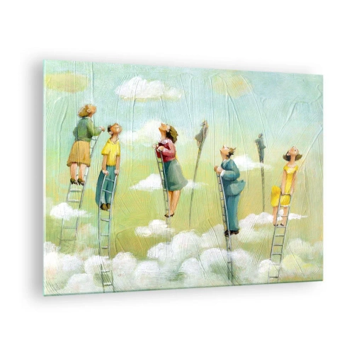 Üveg kép - Alakok másznak létrán a felhők között - 70x50cm - Az álmod mögött - Modern fali dekoráció nappalihoz és hálószobához ARTTOR