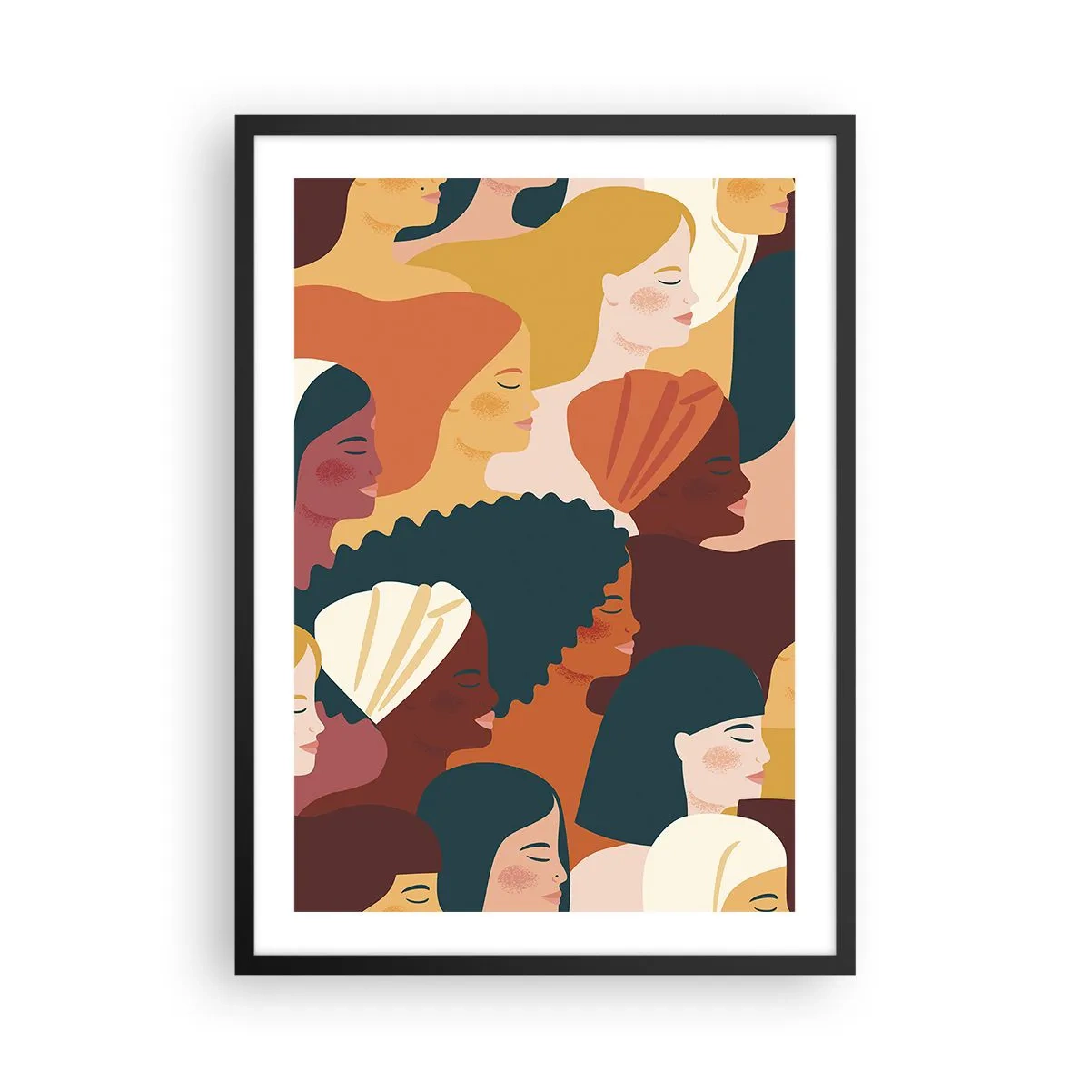 Poszter fehér keretben - Színes grafikák, amelyek női profilokat mutatnak - 50x70cm - Csak a nőiesség - Modern fali dekoráció nappalihoz és hálószobához ARTTOR