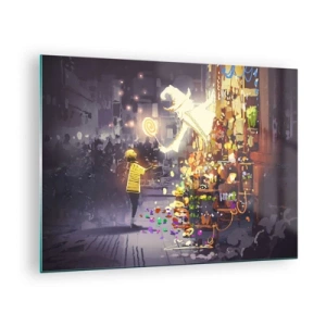 Üveg kép - Egy gyerek világos pólóban egy színes édességekkel teli, fényes standnál - 70x50cm - A mágia létezik - Modern fali dekoráció nappalihoz és hálószobához ARTTOR