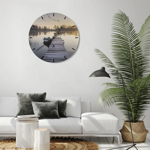 Falióra, Óra - Egy móló csónakkal napfelkeltekor a tavon - 30x30cm - Egy kis idő múlva visszajövök - Modern fali dekoráció nappalihoz, konyhához és hálószobához ARTTOR
