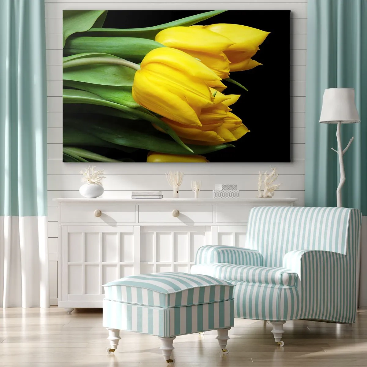 Vászonkép - Egy csokor sárga tulipán fekete alapon - 70x50cm - Tiszta napból készült - Modern fali dekoráció nappalihoz és hálószobához ARTTOR