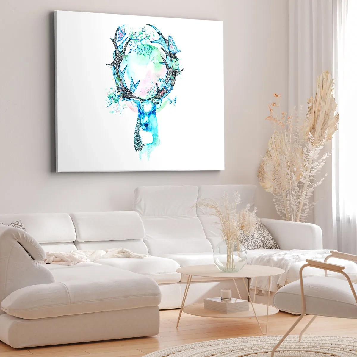 Vászonkép - Egy szeszélyes szarvas grafika természettel és pillangóval - 70x50cm - A természet ereje és gyengédsége - Modern fali dekoráció nappalihoz és hálószobához ARTTOR