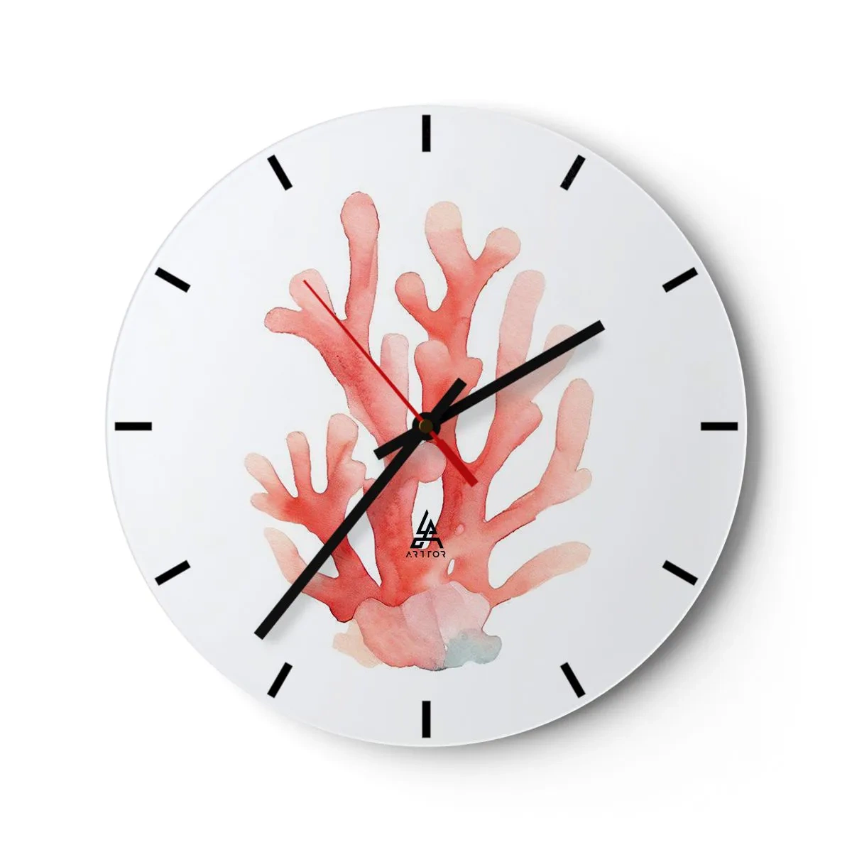 Falióra, Óra - Vörös korall, akvarell, fehér alapon festett - 30x30cm - A korall színe - Modern fali dekoráció nappalihoz, konyhához és hálószobához ARTTOR