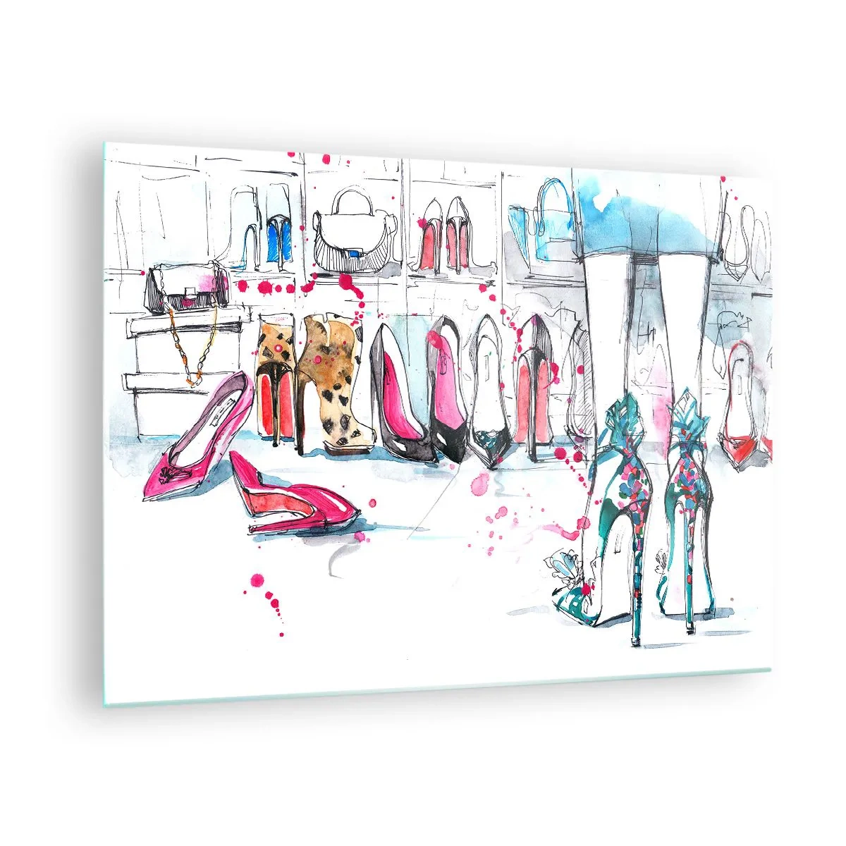 Üveg kép - Elegáns magas sarkú cipők illusztrációja egy boltban - 70x50cm - Szezám, tárulj! - Modern fali dekoráció nappalihoz és hálószobához ARTTOR