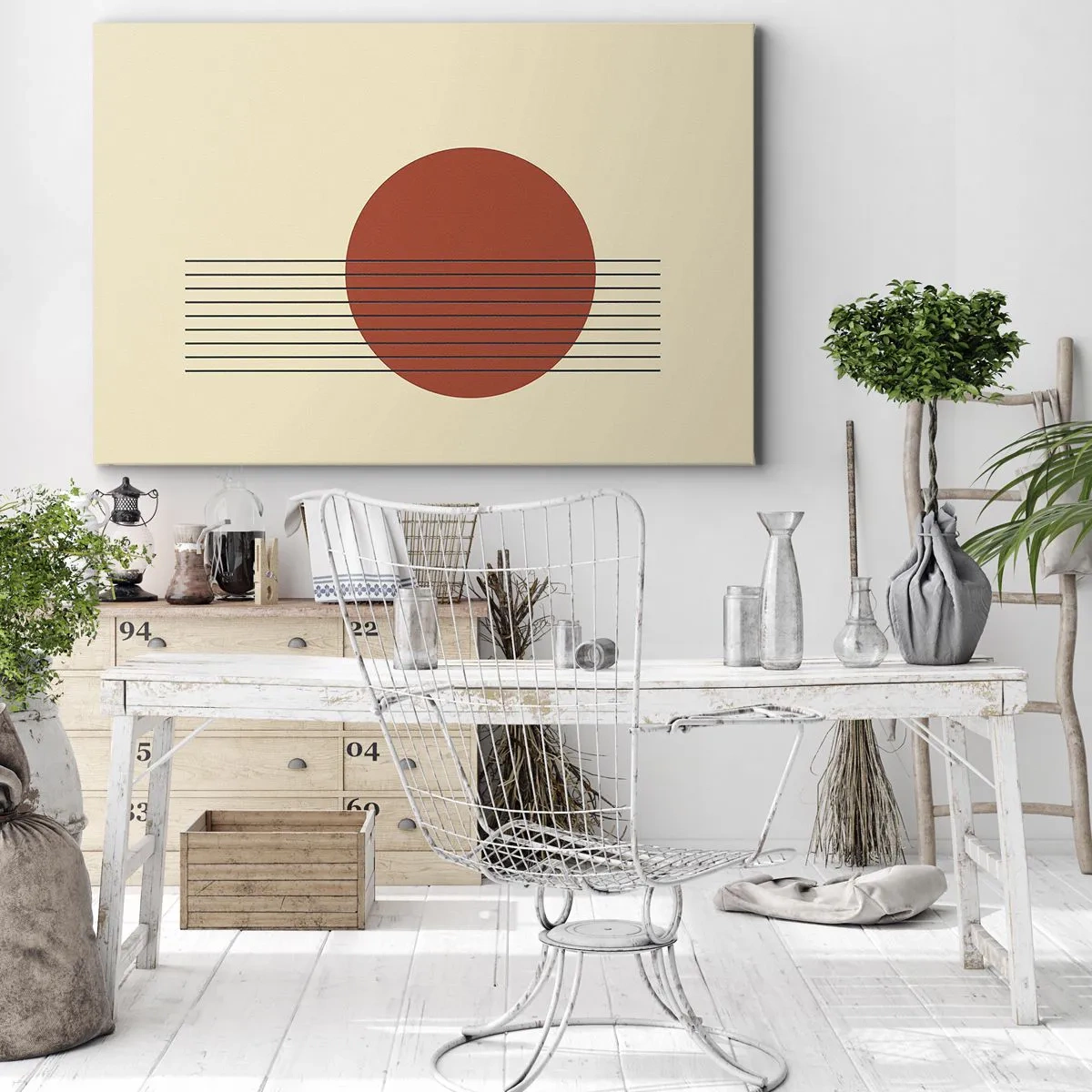Vászonkép - Absztrakt piros kör vonalakkal bézs háttéren. - 70x50cm - Körbe és tovább - Modern fali dekoráció nappalihoz és hálószobához ARTTOR