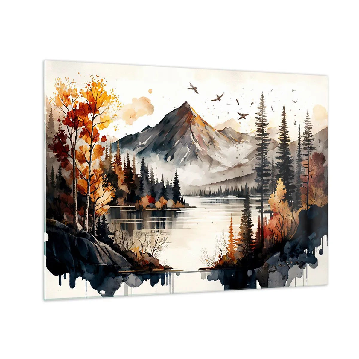 Üveg kép - Őszi hegyi táj tóval és erdővel - 70x50cm - Aranyszínű ősz a hegyekben - Modern fali dekoráció nappalihoz és hálószobához ARTTOR
