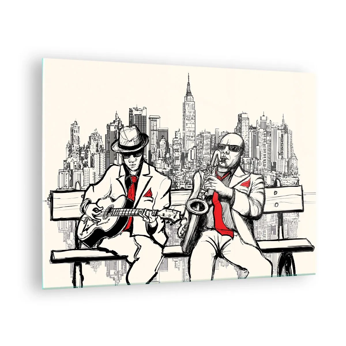 Üveg kép - Két dzsesszzenész játszik a város látképének hátterében - 70x50cm - New York-i improvizáció - Modern fali dekoráció nappalihoz és hálószobához ARTTOR