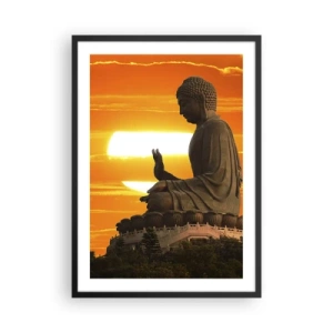 Poszter fehér keretben - Egy Buddha-szobor a narancssárga égbolt előtt - 50x70cm - Félelem nélkül a világtól - Modern fali dekoráció nappalihoz és hálószobához ARTTOR