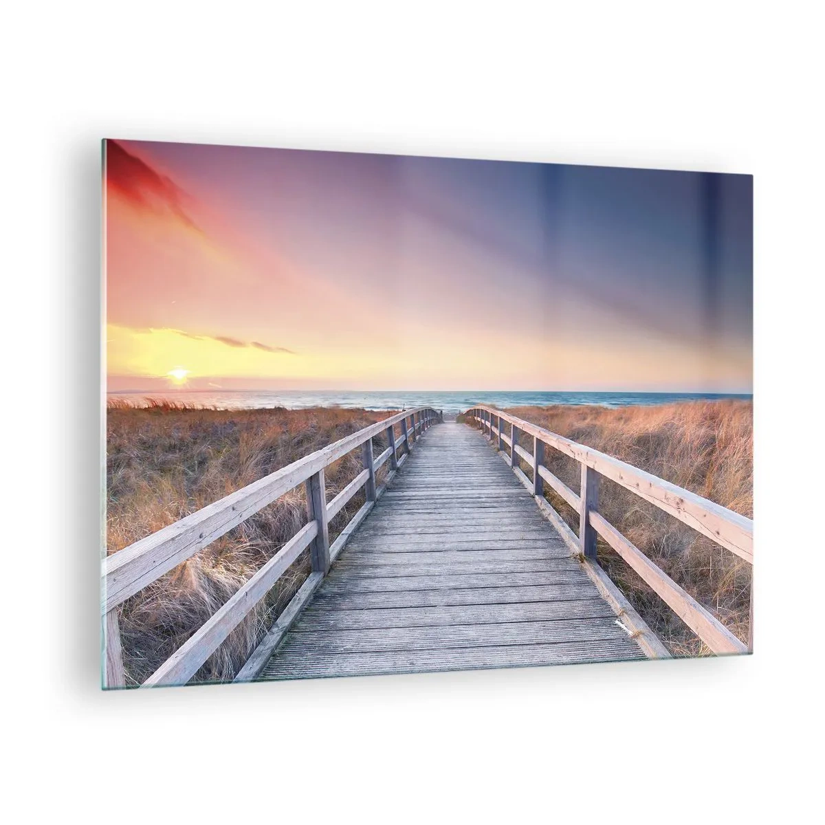 Üveg kép - Fából készült móló vezet a strandra naplementekor - 70x50cm - Balti esti aurora - Modern fali dekoráció nappalihoz és hálószobához ARTTOR