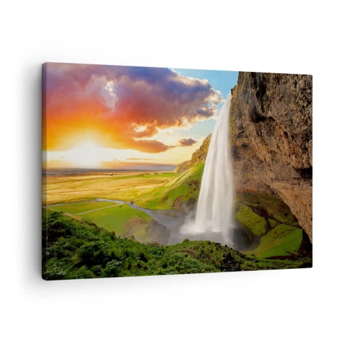 Vászonkép - Egy vízesés festői tájban naplementekor - 70x50cm - Az izlandi nyár - Modern fali dekoráció nappalihoz és hálószobához ARTTOR