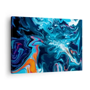 Vászonkép - Egy absztrakt minta kék árnyalatokban, narancssárga díszítéssel. - 70x50cm - Utazás a mennyország közepébe - Modern fali dekoráció nappalihoz és hálószobához ARTTOR