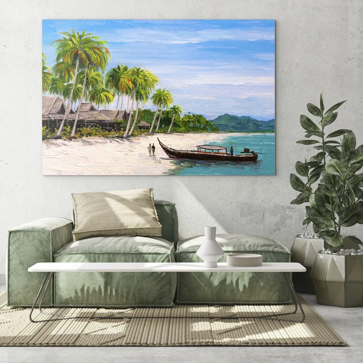 Üveg kép - Trópusi strand hajóval és pálmafákkal a hagyományos kunyhók mellett - 70x50cm - Egy egzotikus álom - Modern fali dekoráció nappalihoz és hálószobához ARTTOR