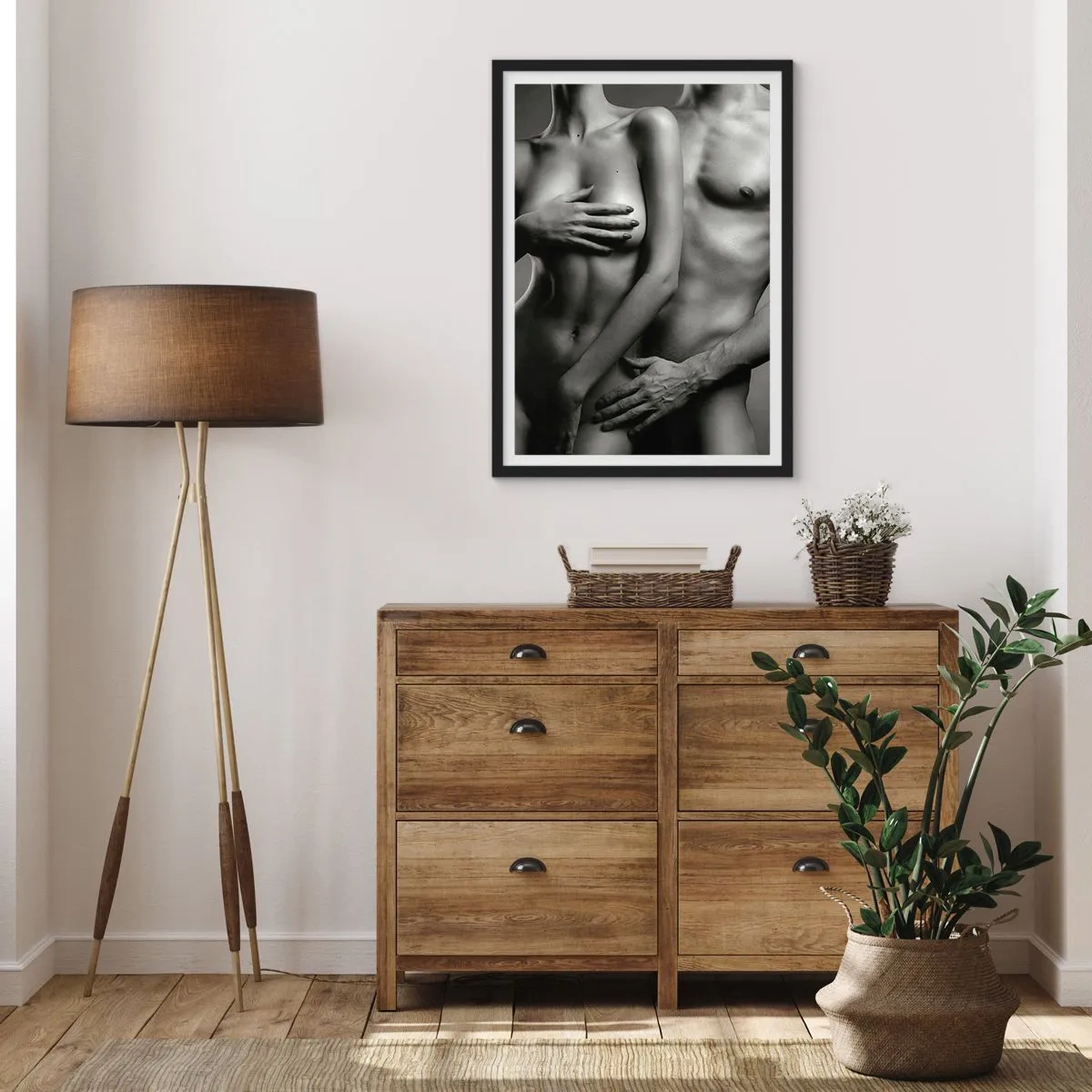 Poszter fehér keretben - Nő és férfi művészi aktja fekete-fehérben - 50x70cm - Ádám és Éva - Modern fali dekoráció nappalihoz és hálószobához ARTTOR