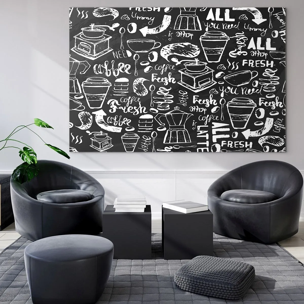 Üveg kép - Kávégrafika és feliratok fekete alapon retró stílusban - 70x50cm - All you need is… - Modern fali dekoráció nappalihoz és hálószobához ARTTOR