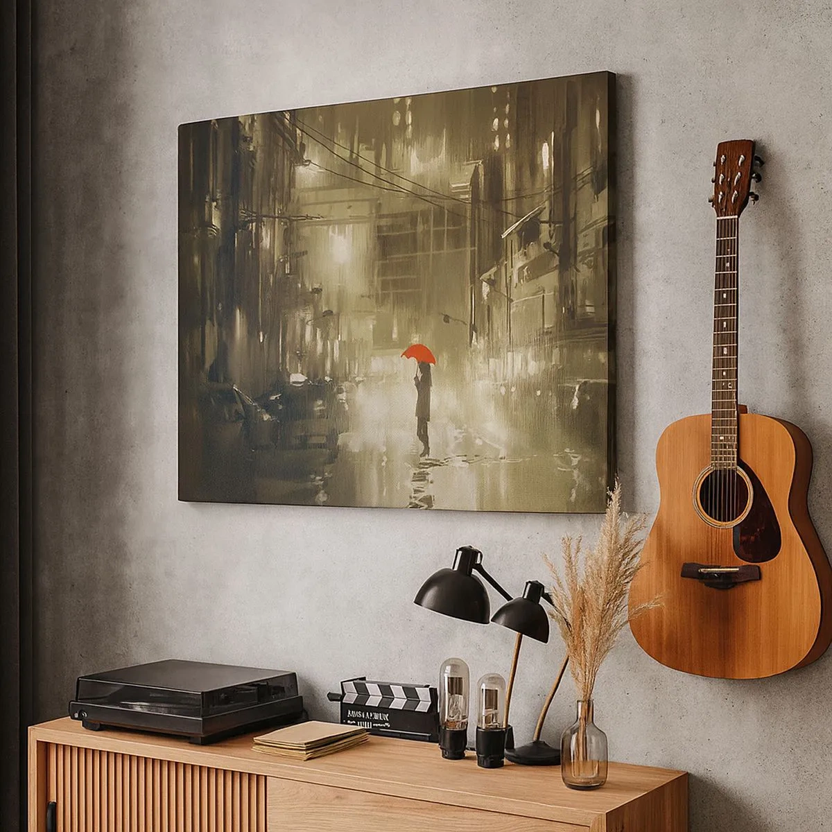 Vászonkép - Egy alak egy piros esernyővel egy esős városban - 70x50cm - Egyedül, de nem magányosan - Modern fali dekoráció nappalihoz és hálószobához ARTTOR