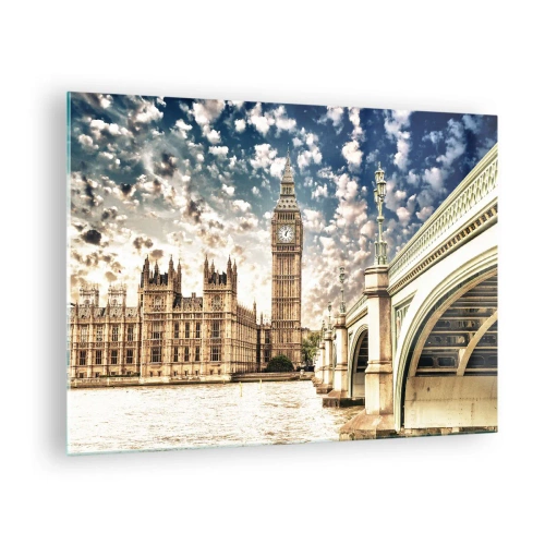 Üveg kép - Big Ben és Westminster híd Londonban - 70x50cm - Tollas felhők a Temze felett - Modern fali dekoráció nappalihoz és hálószobához ARTTOR