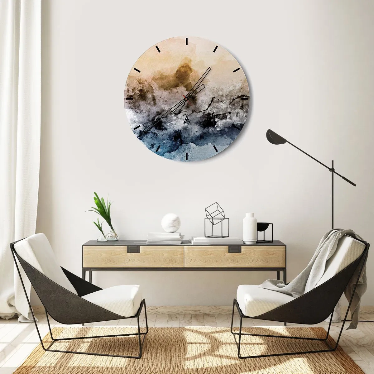 Falióra, Óra - Egy absztrakt tájkép köd, barna és kék árnyalataiban. - 30x30cm - Ködfelhőbe fulladt - Modern fali dekoráció nappalihoz, konyhához és hálószobához ARTTOR