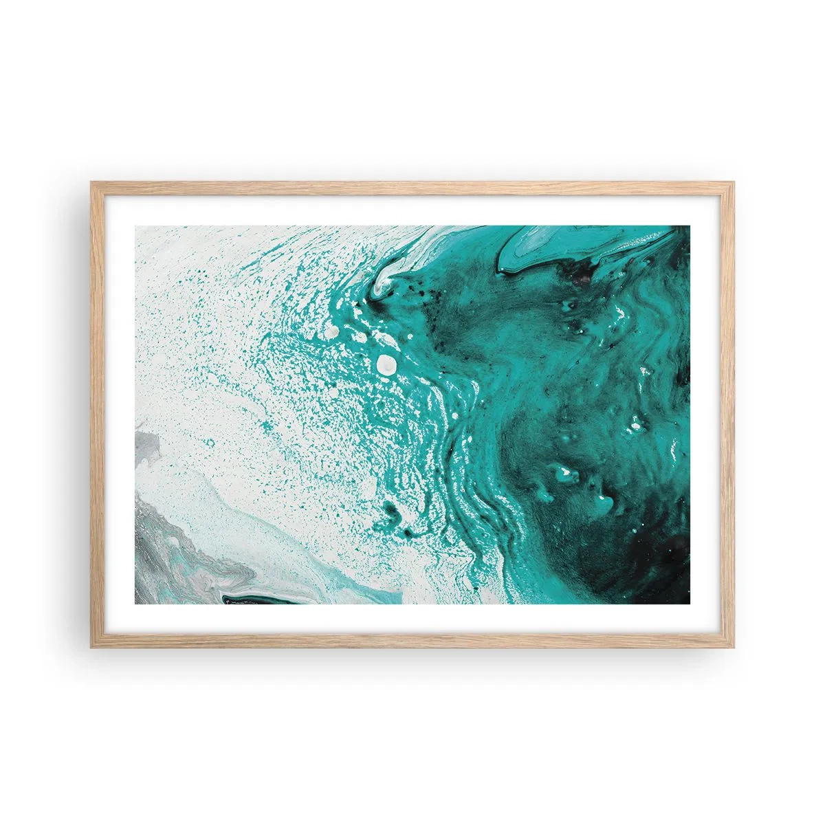 Poszter világos tölgy keretben - Elolvadni fehérben és türkizben  - 70x50 cm