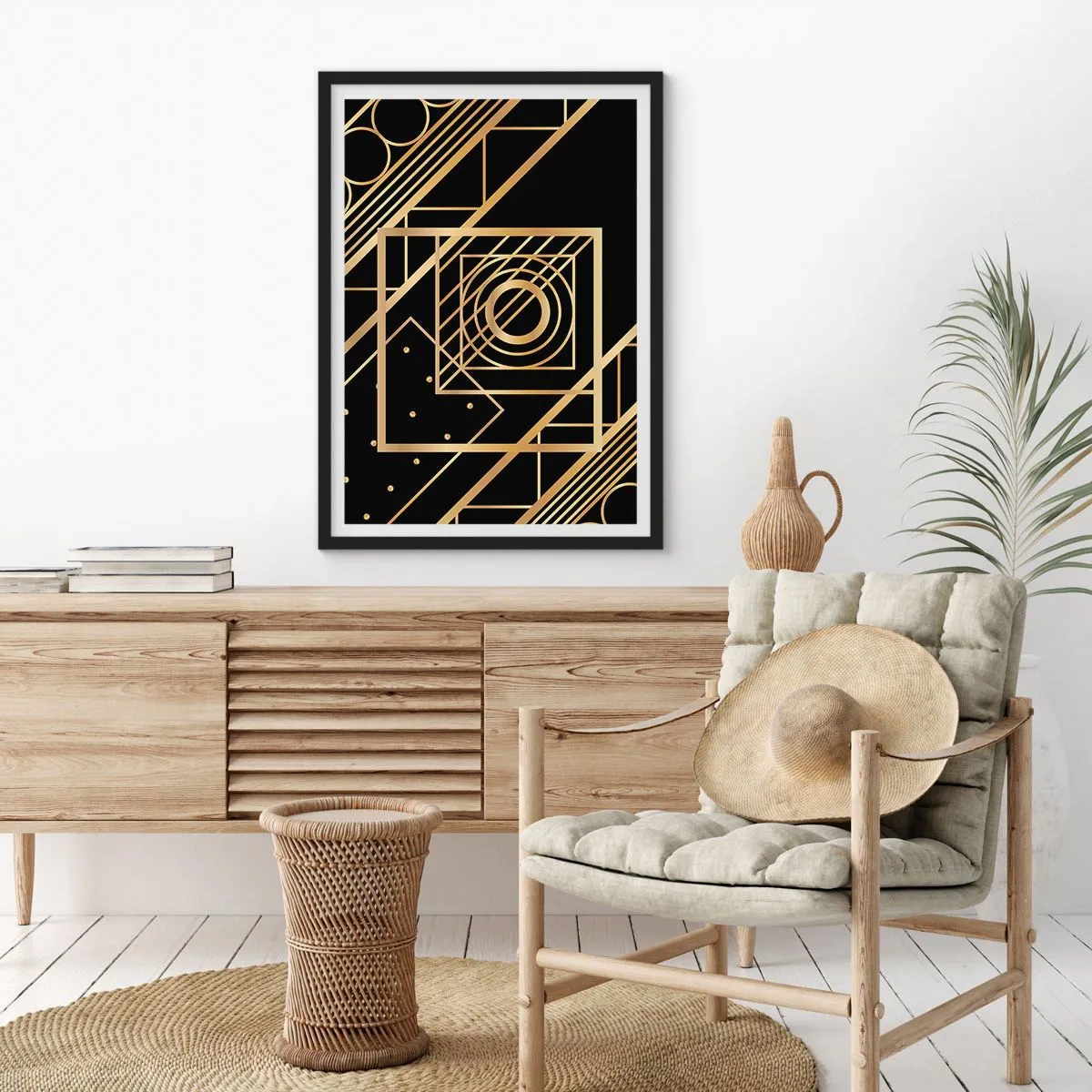 Poszter fehér keretben - Arany geometrikus minták fekete alapon Art Deco stílusban - 50x70cm - Arany geometria - Modern fali dekoráció nappalihoz és hálószobához ARTTOR