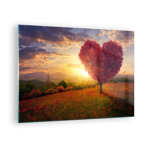 Üveg kép - Egy szív alakú fa egy mezőn naplementekor - 70x50cm - Megérinti a szívet - Modern fali dekoráció nappalihoz és hálószobához ARTTOR