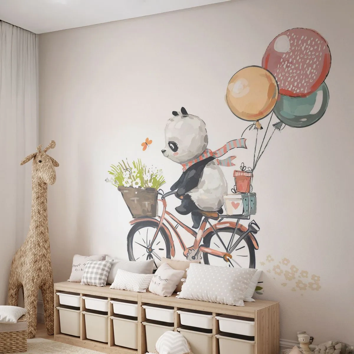 Fotótapéta Premium Sand - Boldog nap - Gyerekeknek, Panda Kerékpáron, Absztrakció - 100x70 cm