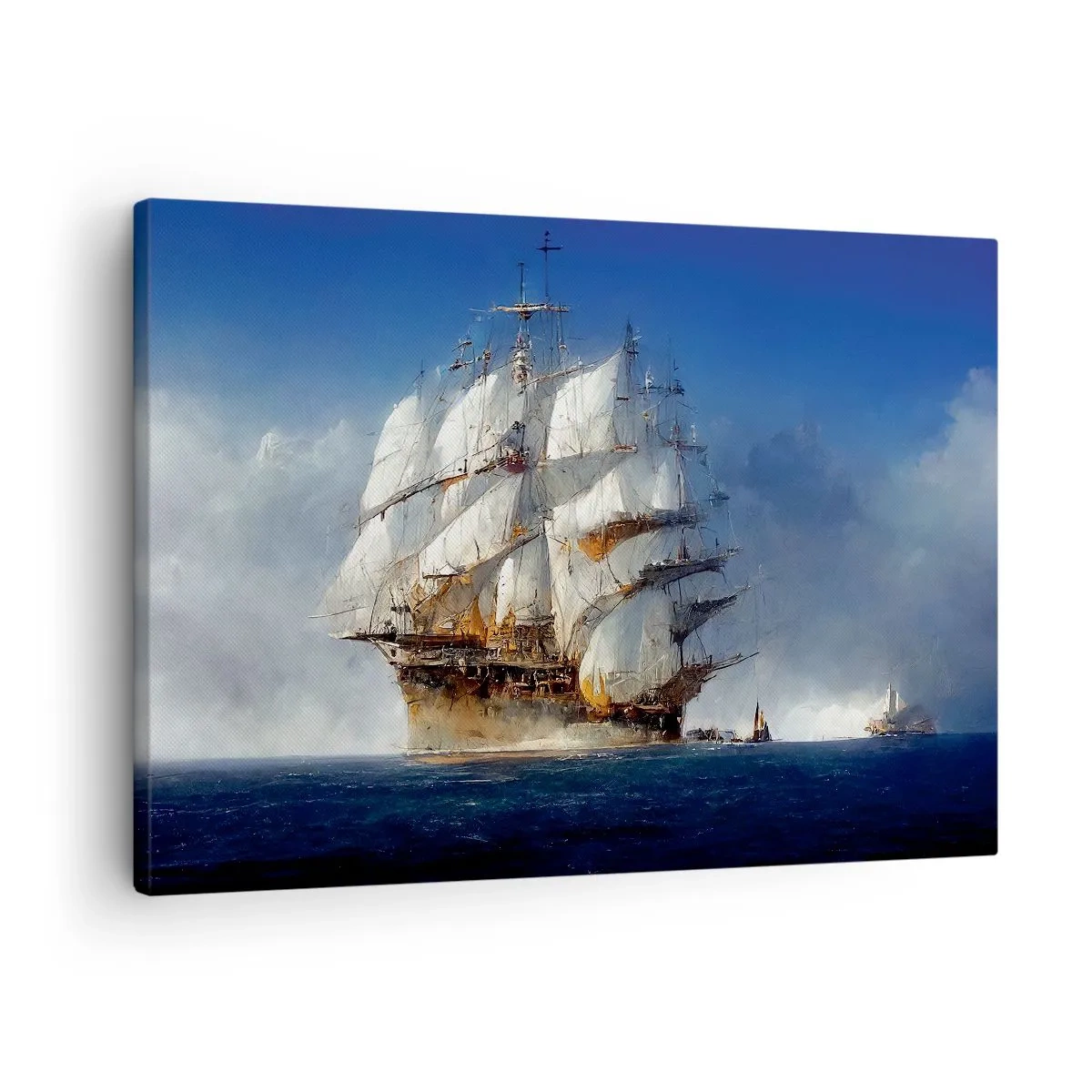 Vászonkép - Egy vitorlás hajó a nyílt tengeren, kék ég alatt - 70x50cm - The great glory! - Modern fali dekoráció nappalihoz és hálószobához ARTTOR