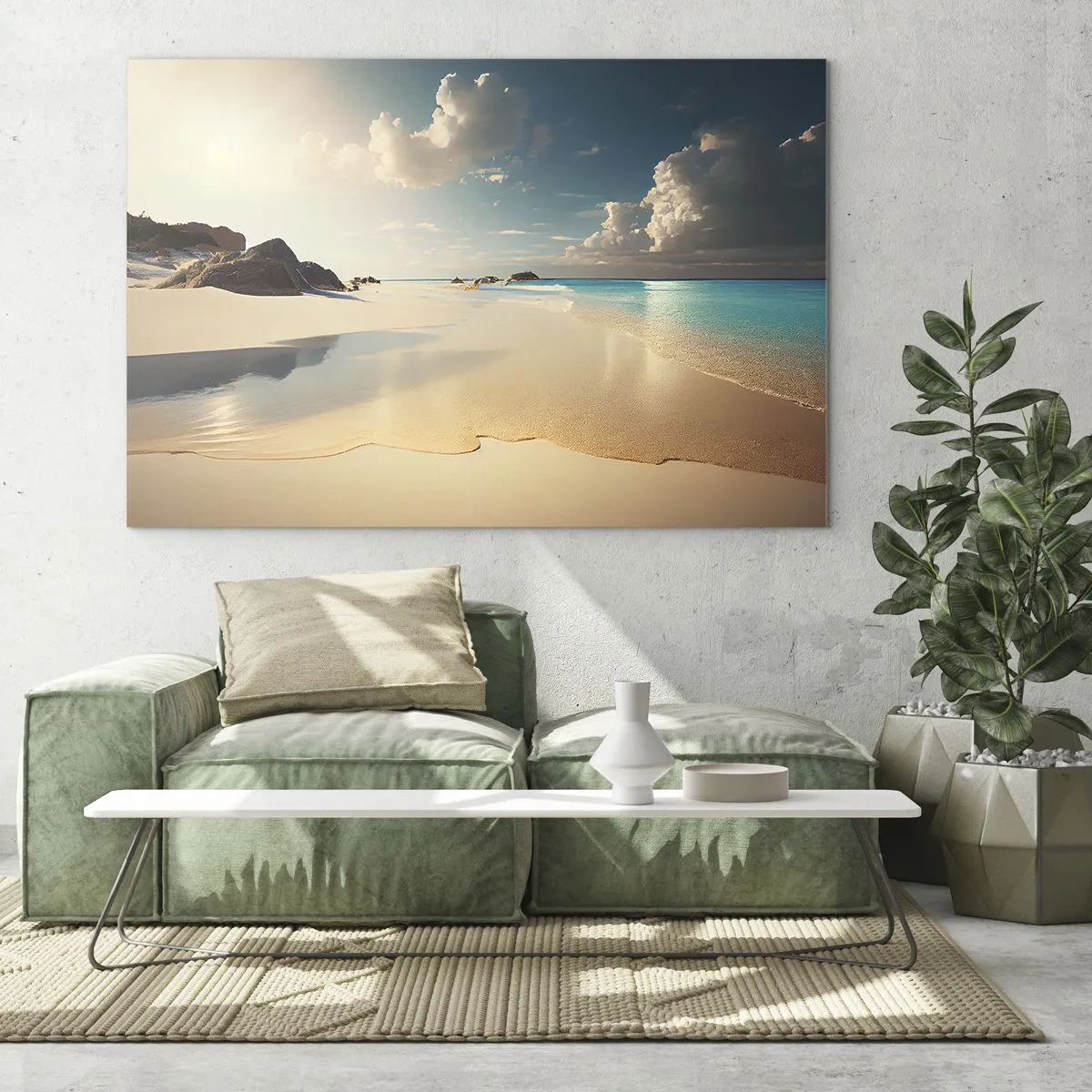 Üveg kép - Aranypart és türkizkék tenger a reggeli nap fényében - 70x50cm - Egy álomszerű nap - Modern fali dekoráció nappalihoz és hálószobához ARTTOR