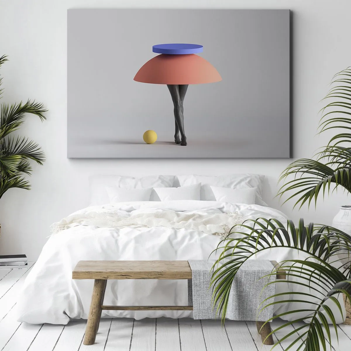 Vászonkép - Absztrakt geometrikus kompozíció lábakkal és egy labdával - 70x50cm - Szürreális kompozíció - Modern fali dekoráció nappalihoz és hálószobához ARTTOR