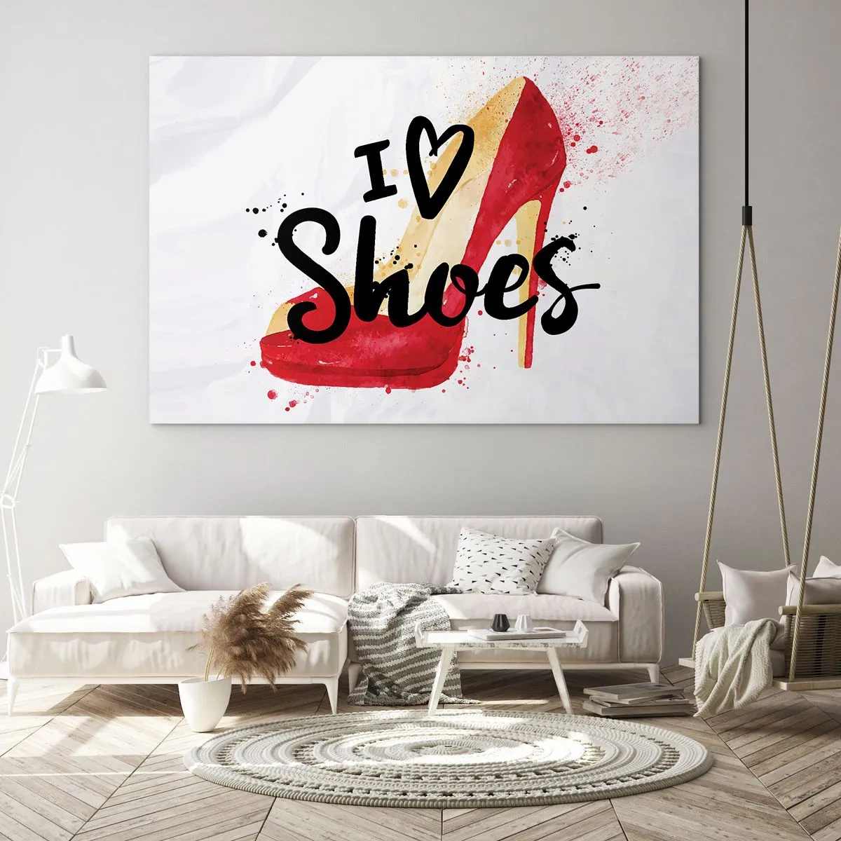 Üveg kép - Piros magas sarkú cipő és az „I love shoes” felirat világos háttér előtt - 70x50cm - A szerelemnek sok neve van - Modern fali dekoráció nappalihoz és hálószobához ARTTOR
