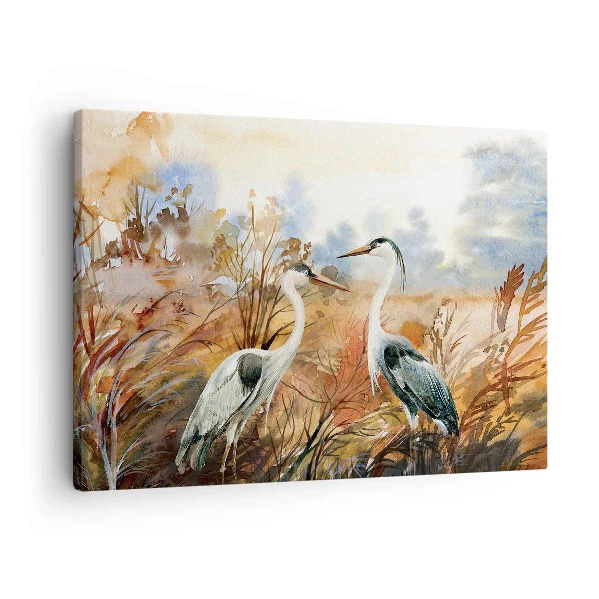 Vászonkép - Két gém az őszi táj hátterében - 70x50cm - Hová ősszel? - Modern fali dekoráció nappalihoz és hálószobához ARTTOR
