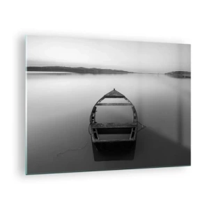 Üveg kép - Egy régi hajó a víz nyugodt felszínén, fekete-fehérben - 70x50cm - Vágyódás és melankólia - Modern fali dekoráció nappalihoz és hálószobához ARTTOR