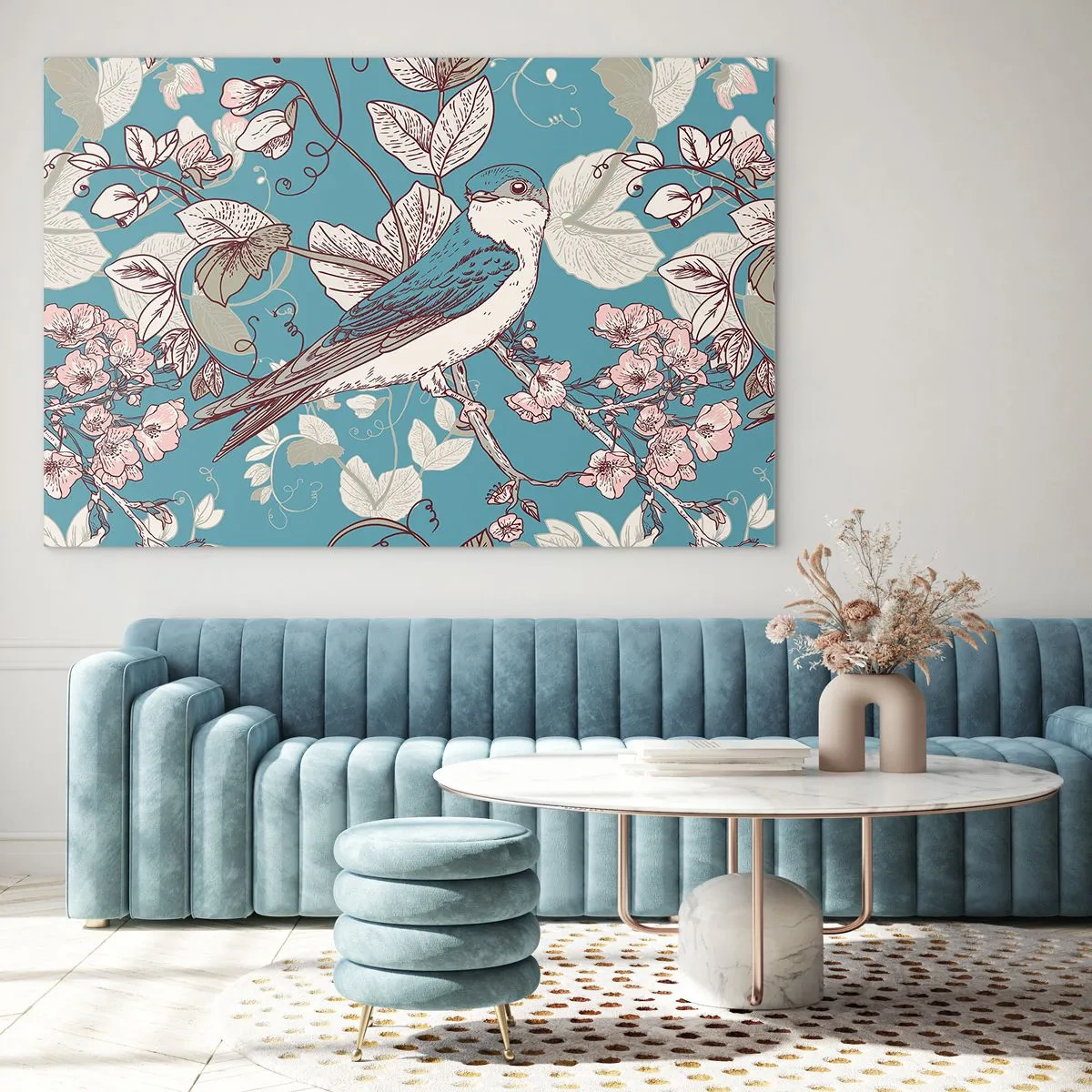 Üveg kép - Egy madár egy ágon virágok között, türkiz háttér előtt - 70x50cm - A vörös és ezüst tűlevelűben - Modern fali dekoráció nappalihoz és hálószobához ARTTOR