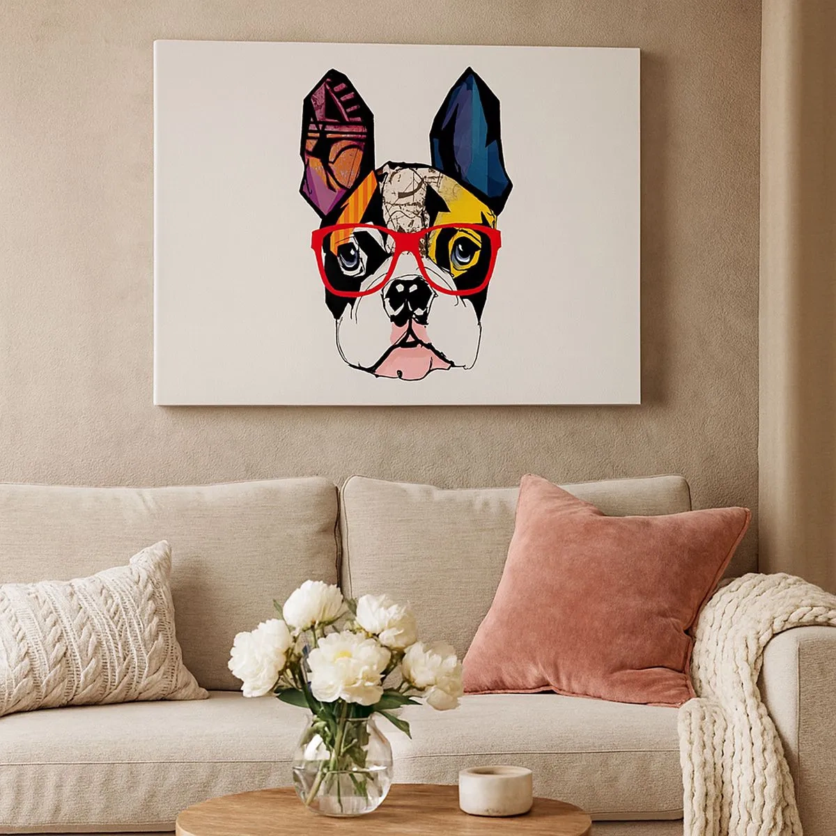 Vászonkép - Bulldog színes illusztrációban piros szemüveggel - 70x50cm - Értelmiségi - Modern fali dekoráció nappalihoz és hálószobához ARTTOR
