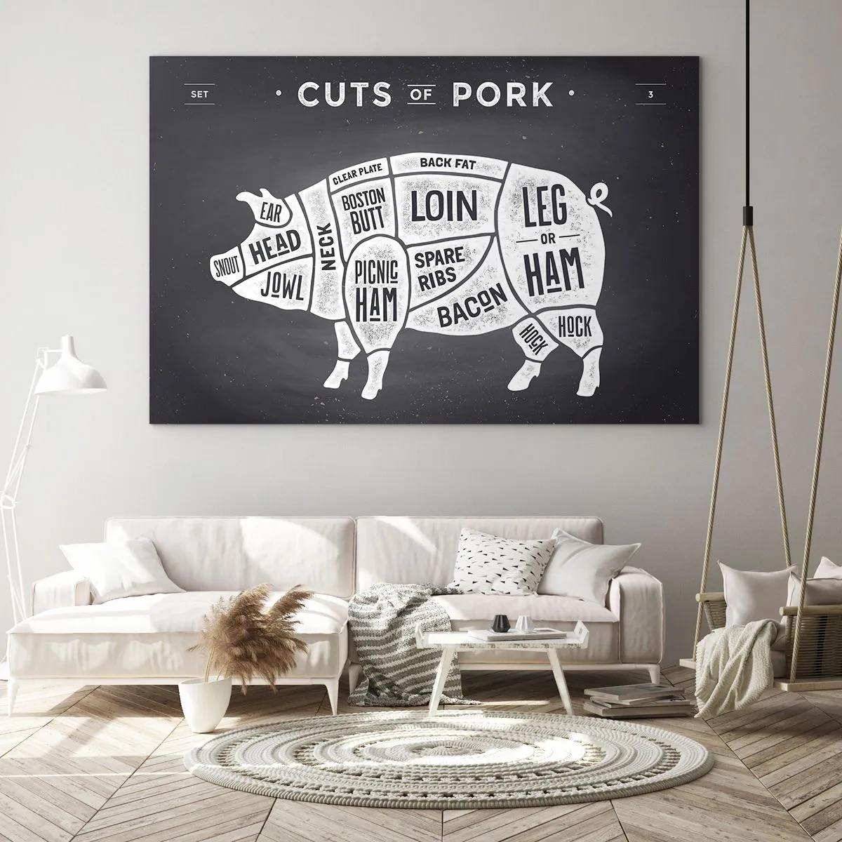 Üveg kép - Sertéshúsdarabok diagramja egy fekete táblán - 70x50cm - Mészáros ábécéskönyve - Modern fali dekoráció nappalihoz és hálószobához ARTTOR