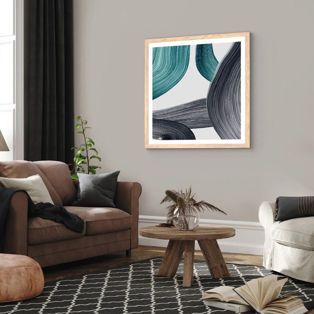 Poszter világos tölgy keretben - Smaragdzöld és fekete nyomok - 50x50 cm