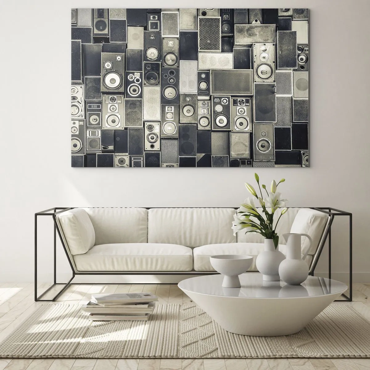 Üveg kép - Retro hangszórók kompozíciója szürke árnyalatokban - 70x50cm - És minden rendben van - Modern fali dekoráció nappalihoz és hálószobához ARTTOR