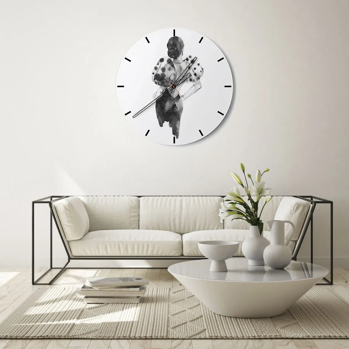 Falióra, Óra - Fekete-fehér illusztráció egy nőről elegáns ruhában - 30x30cm - Egyenesen elsétált mellettem - Modern fali dekoráció nappalihoz, konyhához és hálószobához ARTTOR