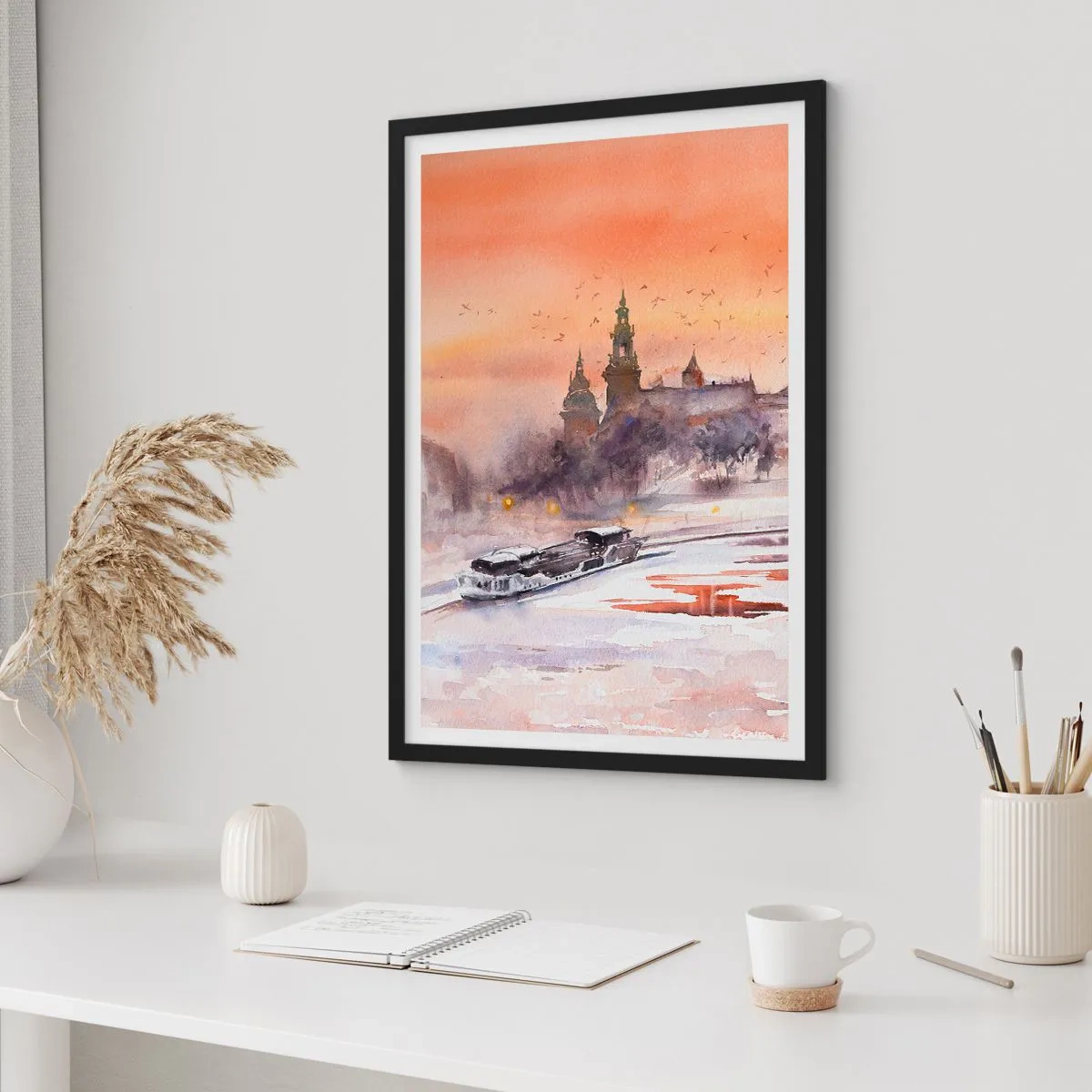 Poszter fehér keretben - Akvarell városkép naplementekor - 50x70cm - Királyi naplemente - Modern fali dekoráció nappalihoz és hálószobához ARTTOR