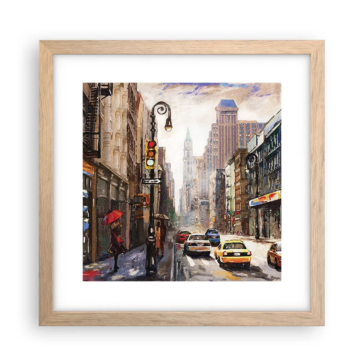 Poszter világos tölgy keretben - New York – esőben is színes - 30x30 cm