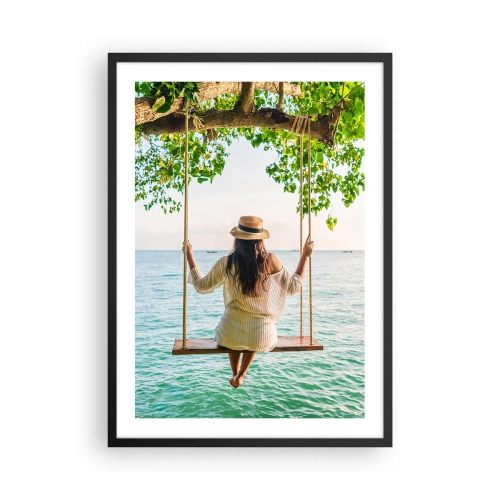 Poszter fehér keretben - Nő egy hintán a tengerparton, trópusi környezetben - 50x70cm - Az élet gyönyörű - Modern fali dekoráció nappalihoz és hálószobához ARTTOR