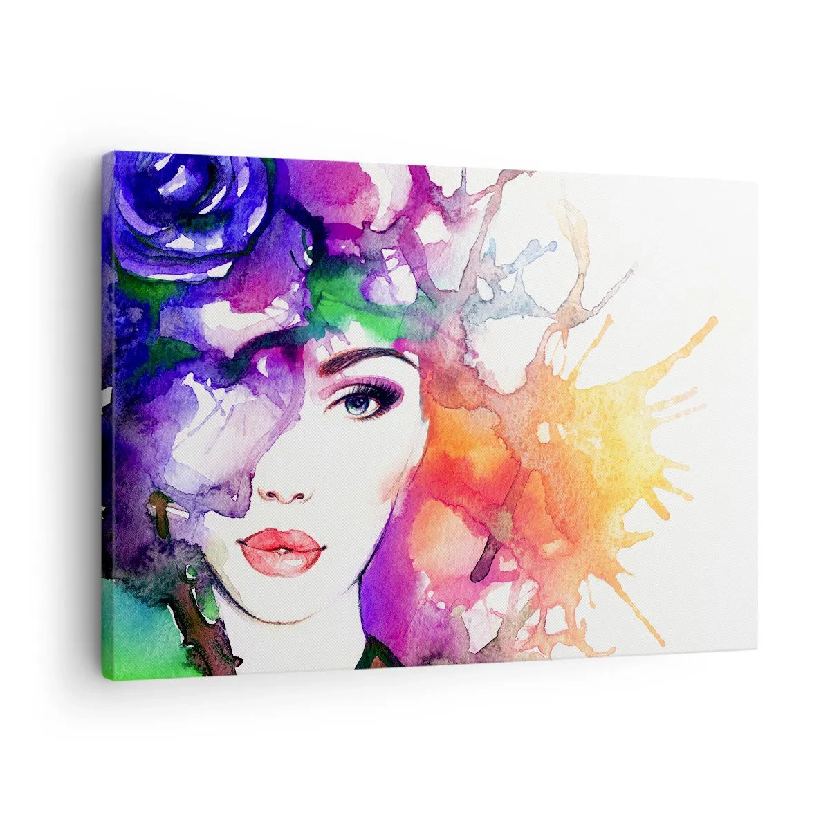 Vászonkép - Akvarell színekben, absztrakt foltokkal díszített nő portréja - 70x50cm - Fejjel a felhőkben - Modern fali dekoráció nappalihoz és hálószobához ARTTOR