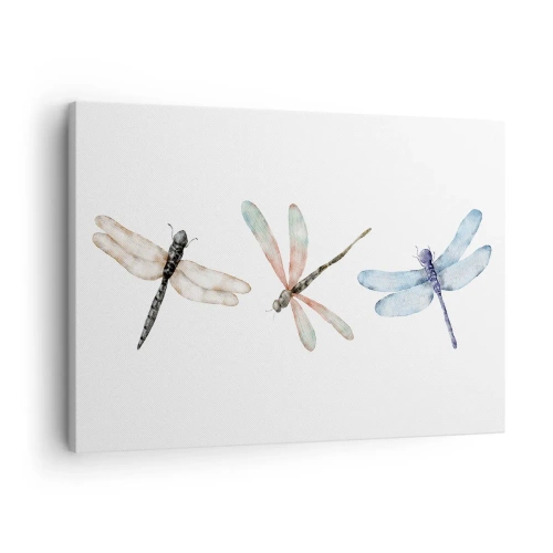 Vászonkép - Három szitakötő finom pasztellszínekben - 70x50cm - Súlytalan szitakötők - Modern fali dekoráció nappalihoz és hálószobához ARTTOR