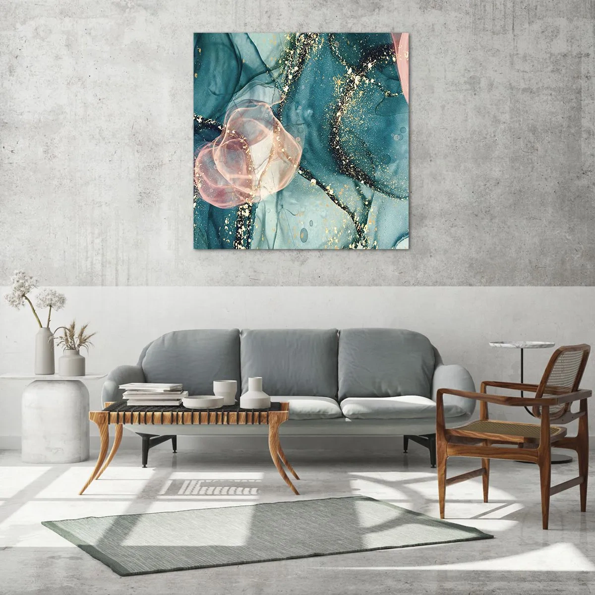 Üveg kép - Selyemkék, tüll rózsaszín - 60x60 cm