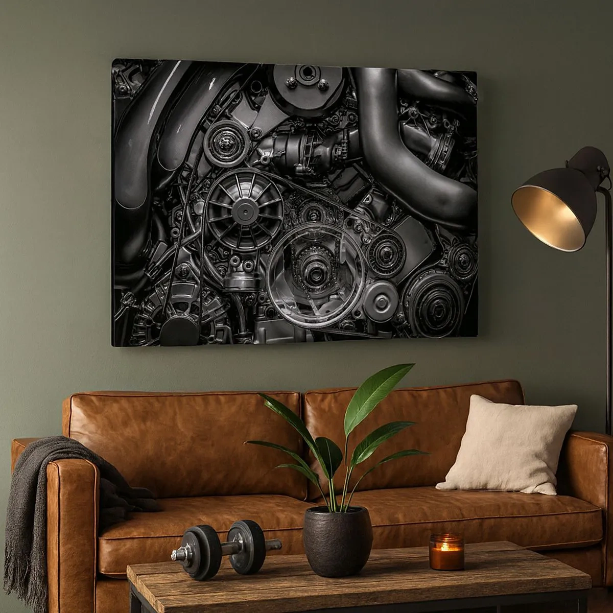 Vászonkép - Fekete-fehér közeli kép egy autó motorjának mechanikai részleteiről. - 70x50cm - A mechanika költészete - Modern fali dekoráció nappalihoz és hálószobához ARTTOR