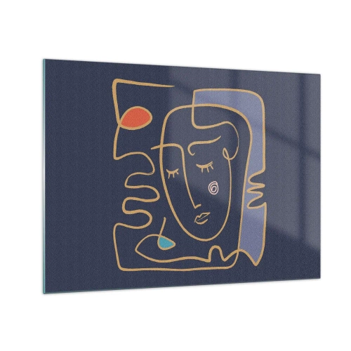 Üveg kép - Absztrakt arc körvonalazottan sötétkék háttéren - 70x50cm - Álmodozásban - Modern fali dekoráció nappalihoz és hálószobához ARTTOR