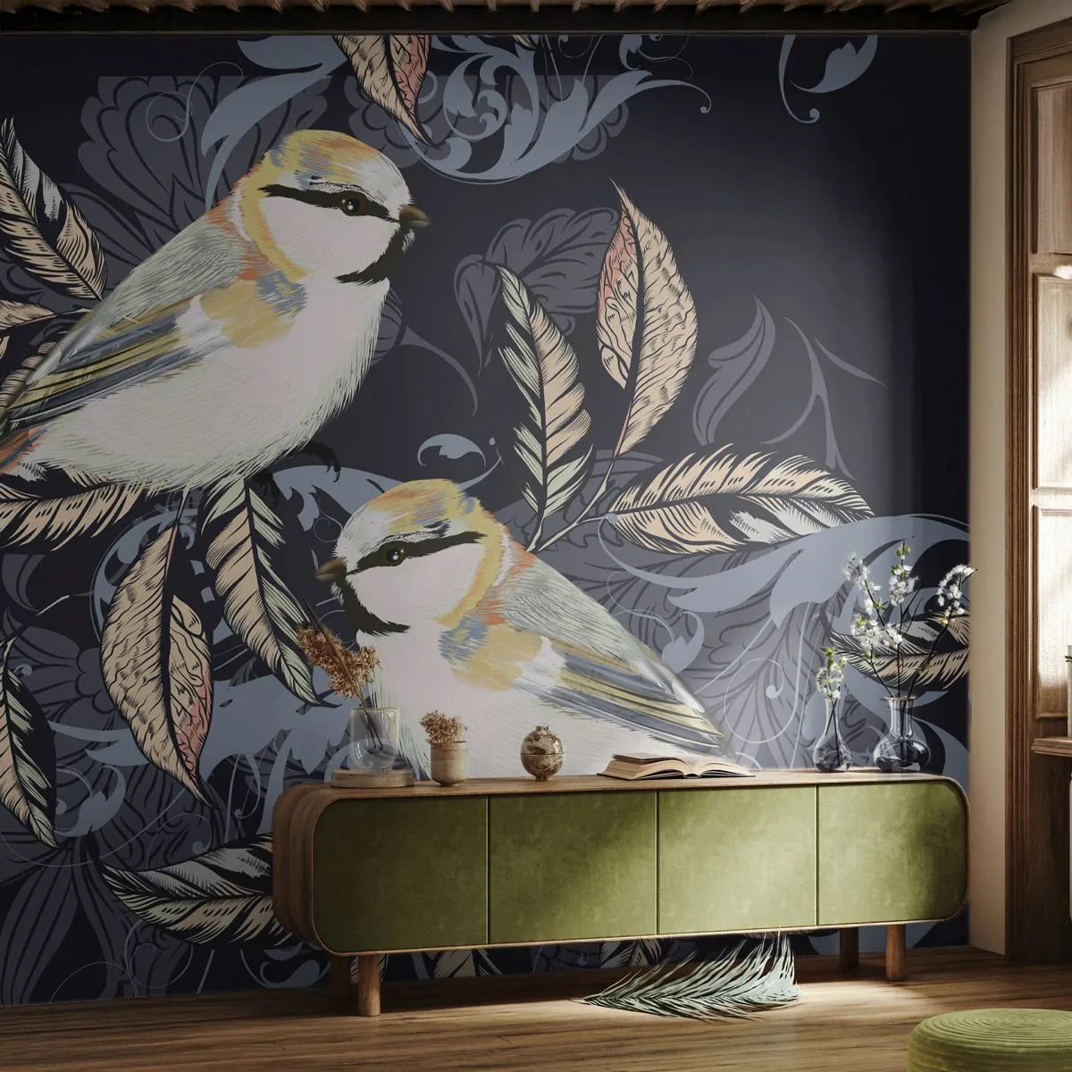 Fotótapéta Premium Sand - Sárga-kék madárdal - Absztrakció, Madarak, Levelek - 350x256 cm