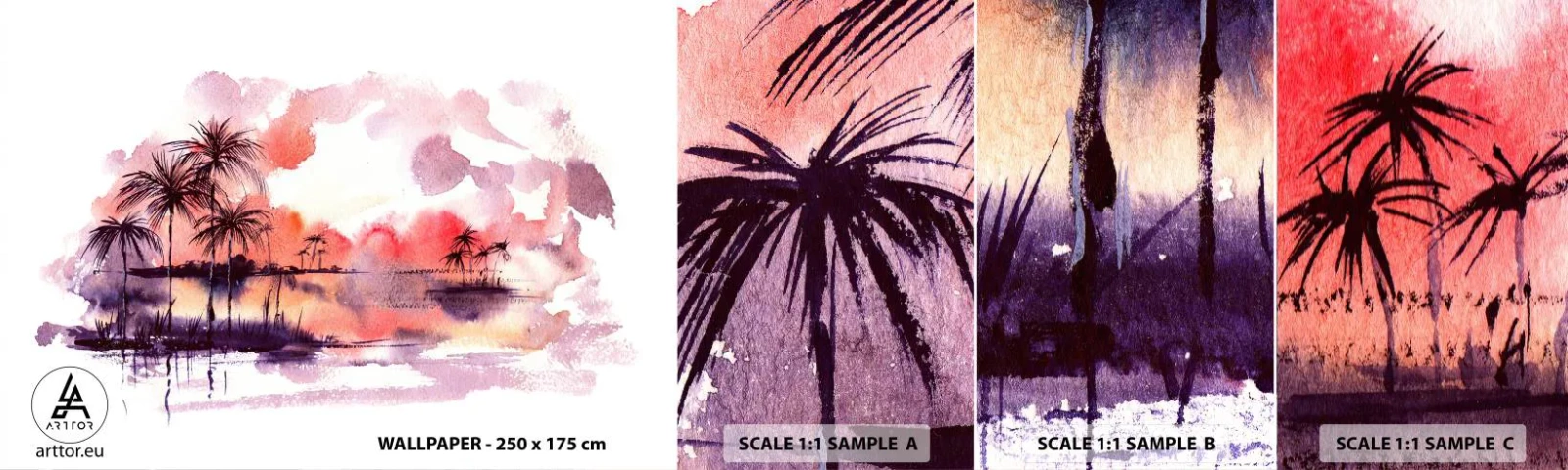 Fotótapéta Minta Öntapadós Deluxe Sticker - A trópusok nyugalma vörösben - Tájkép, Kókuszpálma, Grafika - 100x30 cm