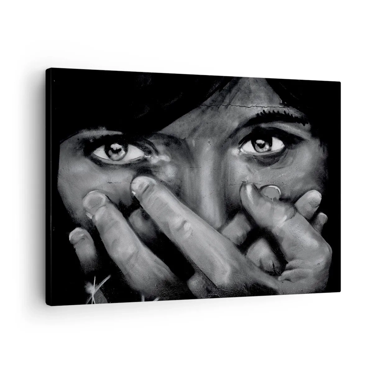 Vászonkép - Fekete-fehér portré egy nőről, aki a kezével takarja el az arcát. - 70x50cm - Nem mondom meg, ki festette - Modern fali dekoráció nappalihoz és hálószobához ARTTOR