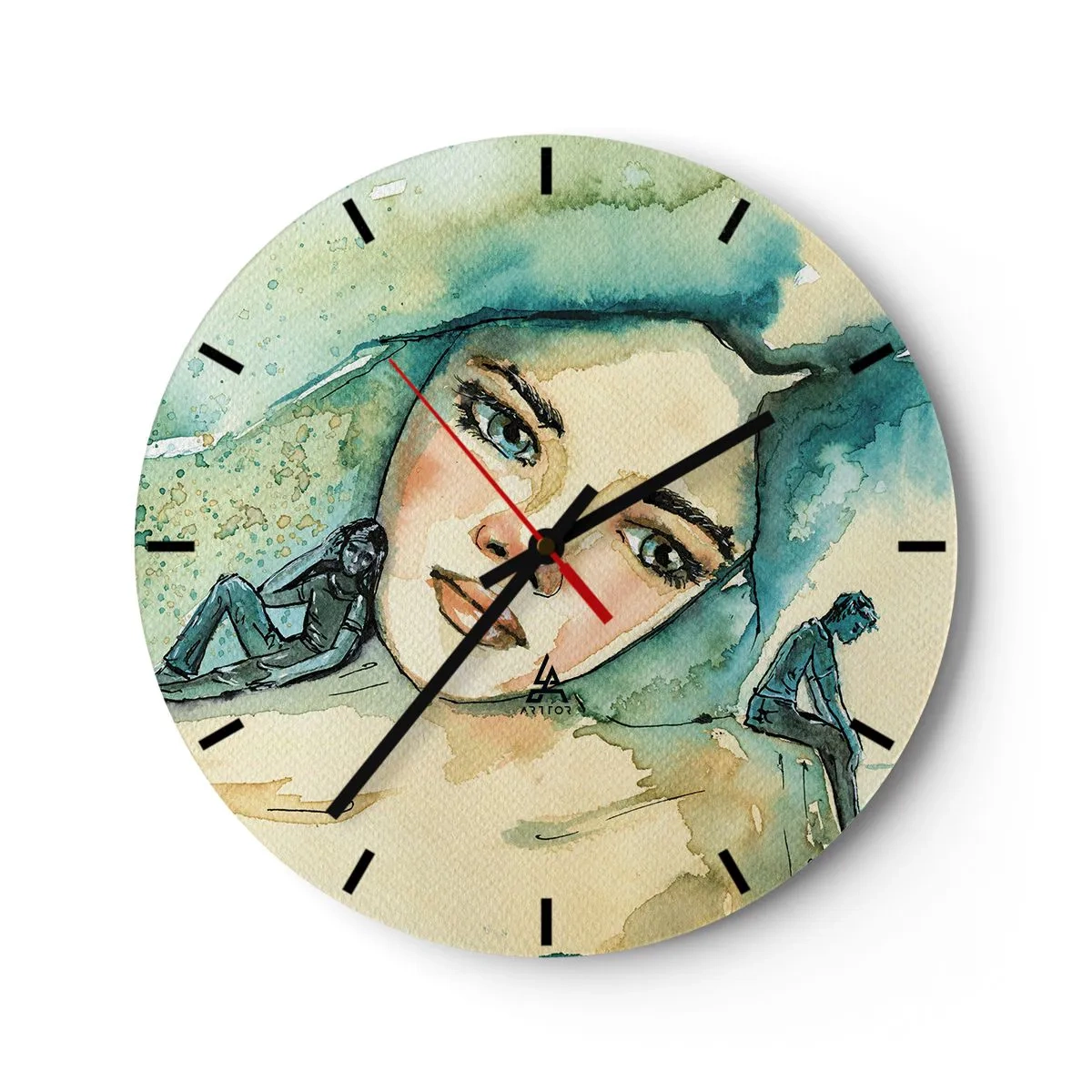 Falióra, Óra - Nő művészi portréja és kék árnyalatú sziluettek - 30x30cm - Am I blue? - Modern fali dekoráció nappalihoz, konyhához és hálószobához ARTTOR